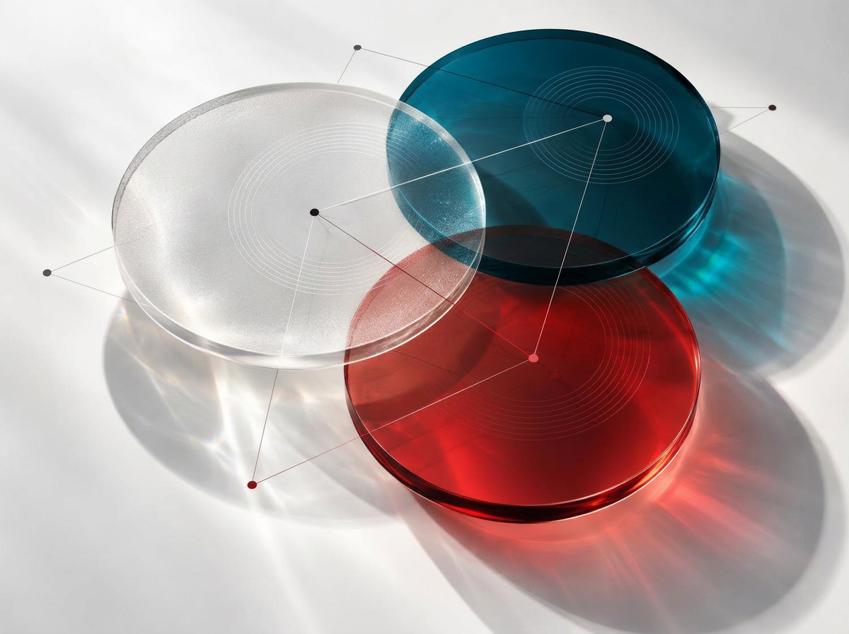 Three overlapping glass discs in white, charcoal and red, connected by fine lines — brands, consumers and culture meeting